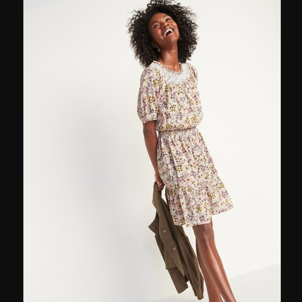 Old Navy Smocked Waist-Defined Floral-Print Mini Dress